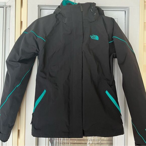 The North Face black/teal trim hooded warm lined jacket.detachable lining, XS - Picture 1 of 14
